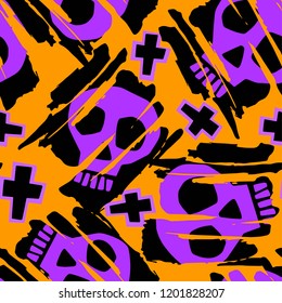 Skull funky seamless rough grunge pattern, modern design template. Hipster trendy painted style texture, poster with different doodle elements.Urban bright youth textiles sample