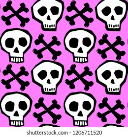 Skull funky seamless rough grunge pattern, modern design template. Hipster trendy painted style texture, poster with different doodle elements.Urban bright youth textiles sample