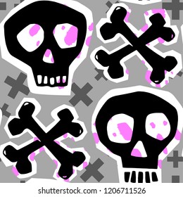 Skull funky seamless rough grunge pattern, modern design template. Hipster trendy painted style texture, poster with different doodle elements.Urban bright youth textiles sample
