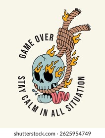 skull game over fire retro cute illustration