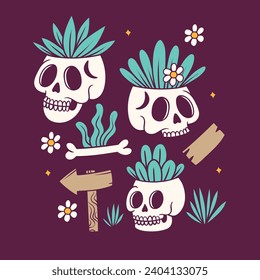 skull garden, nature plant icon, skull nature icon, nature garden illustration