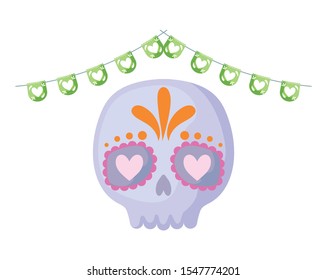 skull with garlands mexican hanging isolated icon vector illustration design