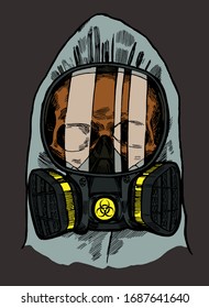 Skull in the gas mask and biohazard protective suit hood. Covid-19 vector illustration