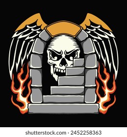 Skull Gates Stone Fire Vector Illustration Design