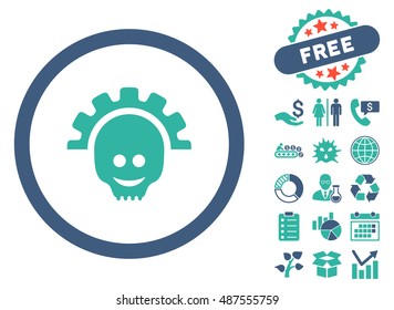 Skull Gear Smile icon with free bonus images. Vector illustration style is flat iconic bicolor symbols, cobalt and cyan colors, white background.