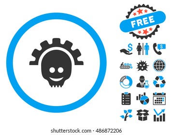 Skull Gear Smile pictograph with bonus images. Vector illustration style is flat iconic bicolor symbols, blue and gray colors, white background.