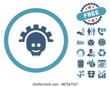 Skull Gear Smile pictograph with free bonus icon set. Vector illustration style is flat iconic bicolor symbols, cyan and blue colors, white background.