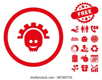 Skull Gear Smile pictograph with free bonus design elements. Vector illustration style is flat iconic symbols, red color, white background.