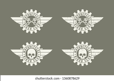 Skull gear wings and text. Biker club logo