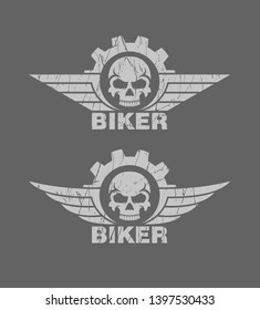 Skull with gear wings and text. Biker club logo