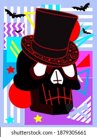 Skull gentleman with cylinder hat and bats background 