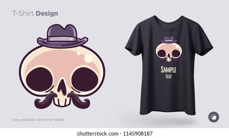 Skull gentleman in a hat with a mustache t-shirt design. Print for clothes, posters or souvenirs. Vector illustration