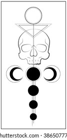 Skull with geometric shapes with triangles, circles, moon phases and lines