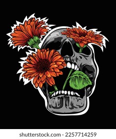 Skull and gerberas, the framework of bones and orange gerberas which symbolise something mystery and romantic at the same time