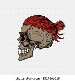 Skull with ginger hair in a bun and tattoo. Stylish men's hairstyle. Picture for halloween, barbershop and clothes.