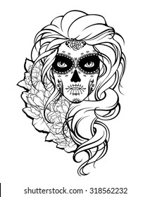 Skull girl and flowers. Black and white illustration