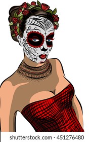 Skull girl with flowers. Black and white illustration. Vector