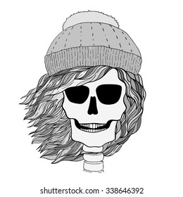 Skull girl with hair flying in winter hat. Hand drawn stylish print for t-shirts, cases etc. Stock vector.