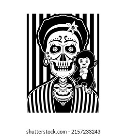 skull girl with monkey illustration design black and white