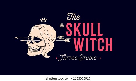 Skull Girl. Poster Of Vintage Skull Woman, Hipster Label, Portrait Girl. Retro Old School Illustration With Text Skull Witch, Beauty Salon For Print, Tattoo, Fashion Theme. Vector Illustration