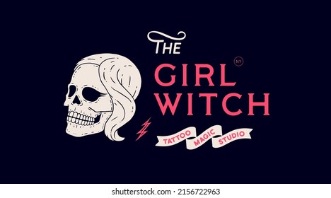 Skull girl. Poster of vintage skull woman, hipster label, portrait girl. Retro old school illustration with text Girl Witch, beauty salon for print, tattoo, fashion theme. Vector Illustration