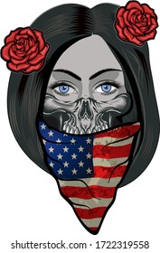 Skull girl with rose with US flag