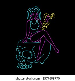 Skull and girl with the snake color neon on black background