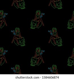 Skull and girl with the snake color neon seamless pattern