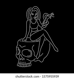 Skull and girl with the snake on black background