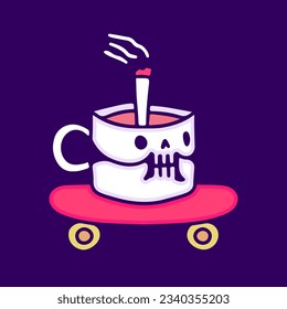 Skull glass head with cigarette inside riding skateboard, illustration for t-shirt, sticker, or apparel merchandise. With doodle, retro, and cartoon style.