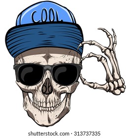 Skull with glasses and blue cap.White background.