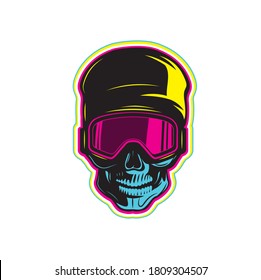 Skull with glasses . Bright vector illustration. T-shirt or sticker design.