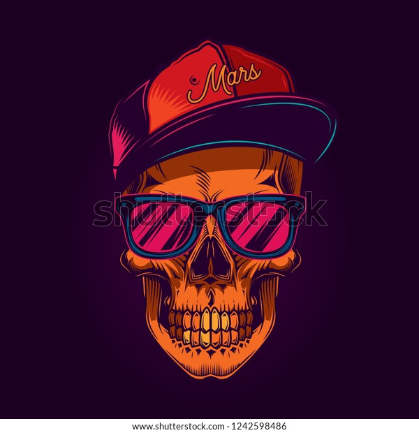 Skull with glasses and cap. Bright vector\
illustration. T-shirt or sticker\
design.