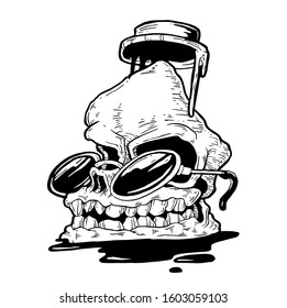 SKULL WITH GLASSES AND FLYING HAT VECTOR DESIGN