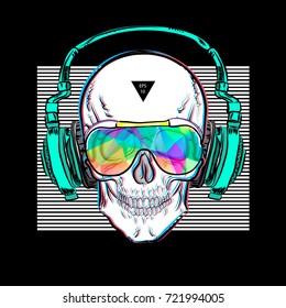 Skull in glasses and headphones. Vector illustration EPS10. Design a poster for a t-shirt. Great cool print on the sweatshirt. Black and white human skull.