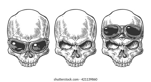 Skull with glasses for motorcycle. Black vintage vector illustration. For poster dead day and tattoo biker club. Hand drawn design element isolated on white background