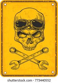 Skull with glasses for motorcycle on forehead and wrench. Black vintage vector illustration. For poster and tattoo biker club. Hand drawn design element isolated on yellow sign danger