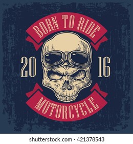 Skull with glasses on forehead for motorcycle club. Black vintage vector illustration. For poster and tattoo biker. Hand drawn design element isolated on dark blue background.