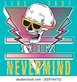 skull with glasses on pink triangle and lightning text and blue background