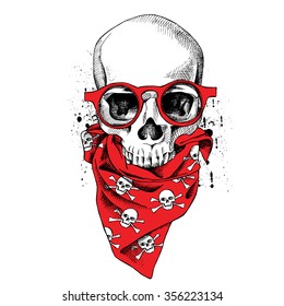 Skull in glasses and with red cravat. Vector illustration.