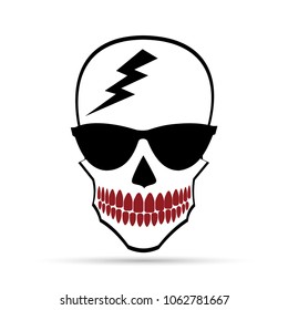 skull in glasses, with red teeth.