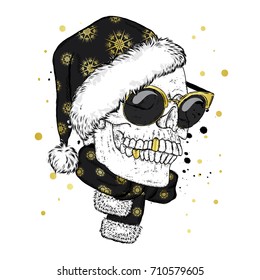 A skull with glasses, a scarf and a Christmas hat. Vector illustration. New Year's and Christmas. Santa Claus.