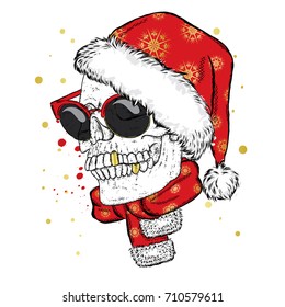 A skull with glasses, a scarf and a Christmas hat. Vector illustration. New Year's and Christmas. Santa Claus.