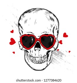 Skull with glasses in the shape of a heart. Vector illustration. Love, Valentine's Day.