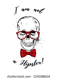 Skull with glasses and tie. Vector illustration for greeting card or poster. Fashion and style, clothing and accessories. Skeleton.