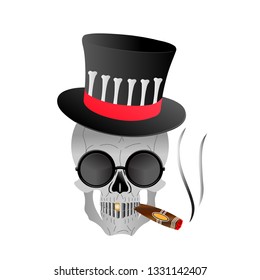 Skull in glasses and top-hat smokes cigar.