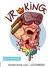 Skull with glasses of virtual reality. Gamers geek print for t shirt, tee and apparel.  Color swag skull tattoo.  VR industry.  Tee graphics with slogan.  T shirt design. Isolated vector illustration