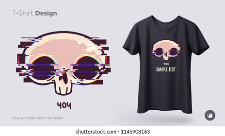 Skull with glitch effect t-shirt design. Print for clothes, posters or souvenirs. Vector illustration