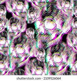 Skull glitch pattern seamless. Hand drawing skeleton head background. death texture