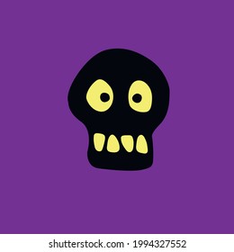 Skull with glowing eyes in cartoon doodle flat style. Vector black silhouette, icon, clipart isolated on dark purple background. Theme of Happy Halloween, death, dead